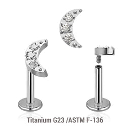 Pack of 5 high polished titanium internally threaded labrets, Thickness 1.2mm, with a small moon top with 3 CZ