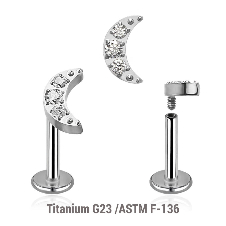 Pack of 5 high polished titanium internally threaded labrets, Thickness 1.2mm, with a small moon top with 3 CZ