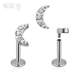 Pack of 5 high polished titanium internally threaded labrets, Thickness 1.2mm, with a small moon top with 3 CZ - G23 ASTM F-136 implant grade titanium body jewelry