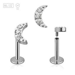 Pack of 5 high polished titanium internally threaded labrets, Thickness 1.2mm, with a small moon top with 3 CZ - G23 ASTM F-136 implant grade titanium body jewelry