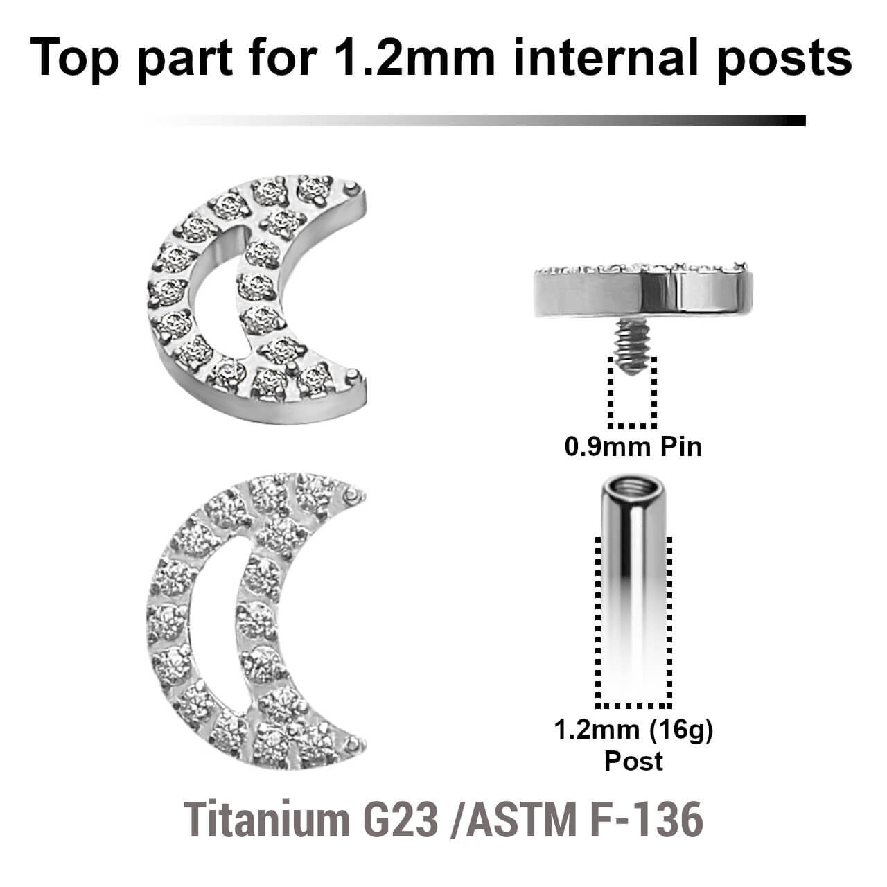 Pack of 5 Titanium Internally threaded labret tops in a CZ studded moon shape, Thread size 0.9mm