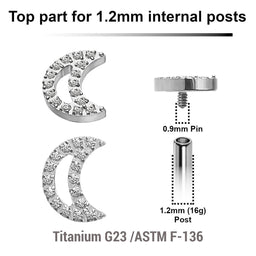 Pack of 5 Titanium Internally threaded labret tops in a CZ studded moon shape, Thread size 0.9mm