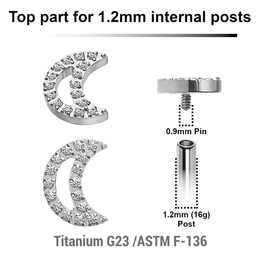 Pack of 5 Titanium Internally threaded labret tops in a CZ studded moon shape, Thread size 0.9mm