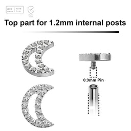 Pack of 5 Titanium Internally threaded labret tops in a CZ studded moon shape, Thread size 0.9mm - G23 ASTM F-136 implant grade titanium body jewelry