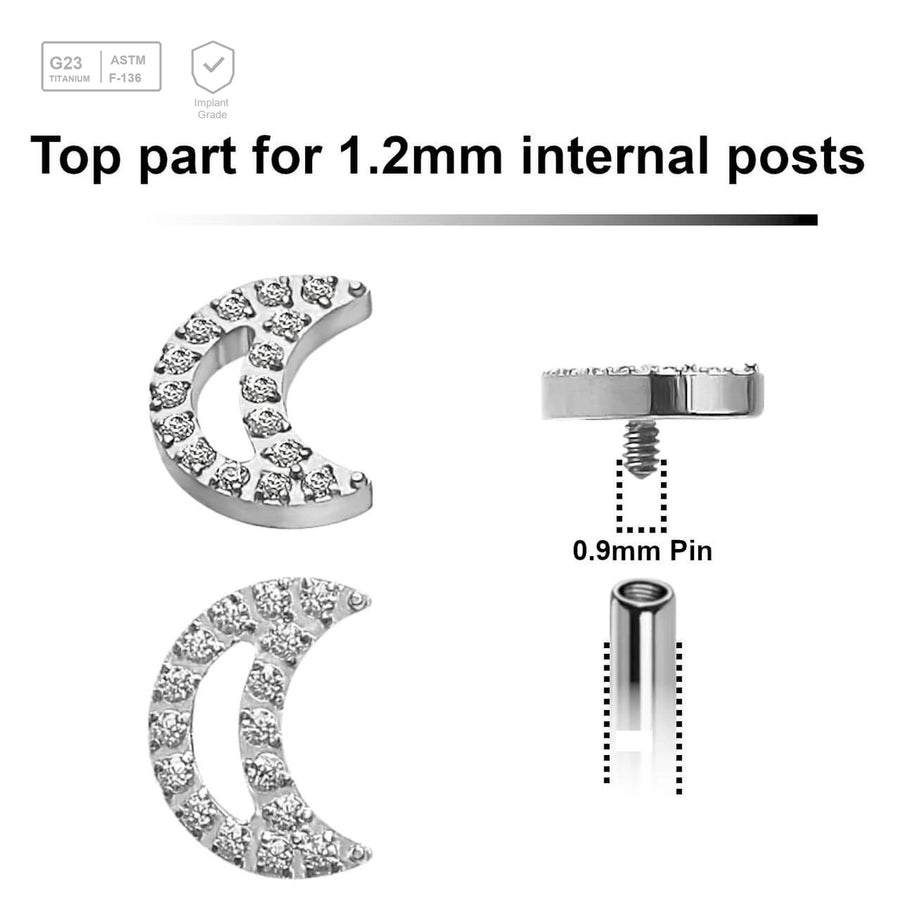 Pack of 5 Titanium Internally threaded labret tops in a CZ studded moon shape, Thread size 0.9mm - G23 ASTM F-136 implant grade titanium body jewelry