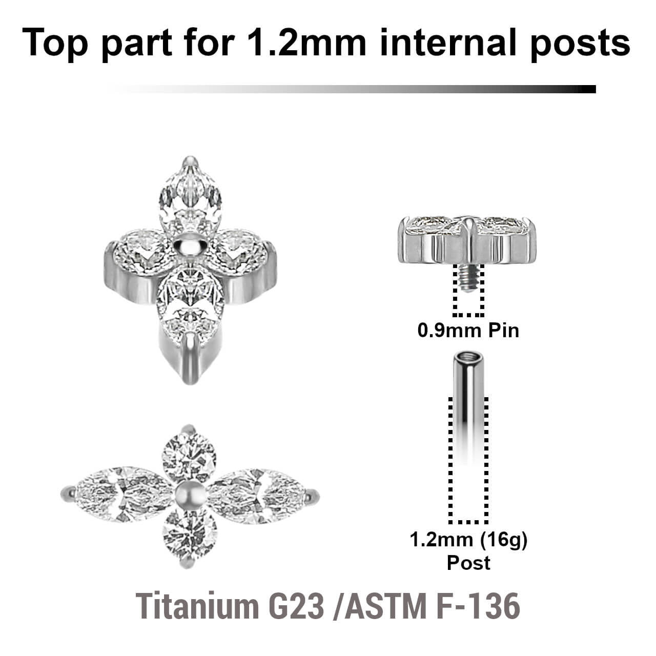 Pack of 5 high polished  titanium Internally threaded labret tops with 2 round and 2 marquis prong set CZ stones