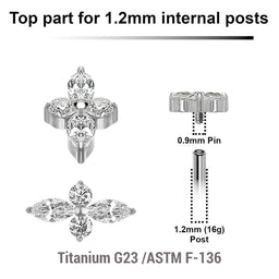 Pack of 5 high polished  titanium Internally threaded labret tops with 2 round and 2 marquis prong set CZ stones