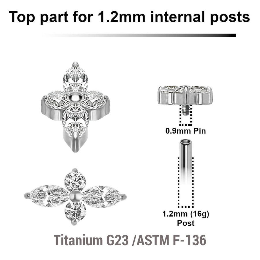 Pack of 5 high polished  titanium Internally threaded labret tops with 2 round and 2 marquis prong set CZ stones