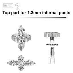 Pack of 5 high polished  titanium Internally threaded labret tops with 2 round and 2 marquis prong set CZ stones - G23 ASTM F-136 implant grade titanium body jewelry