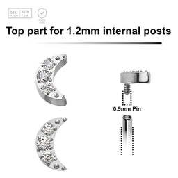 Pack of 5 Titanium Internally threaded labret tops with a small moon with 3 CZ, Thread size 0.9mm - G23 ASTM F-136 implant grade titanium body jewelry