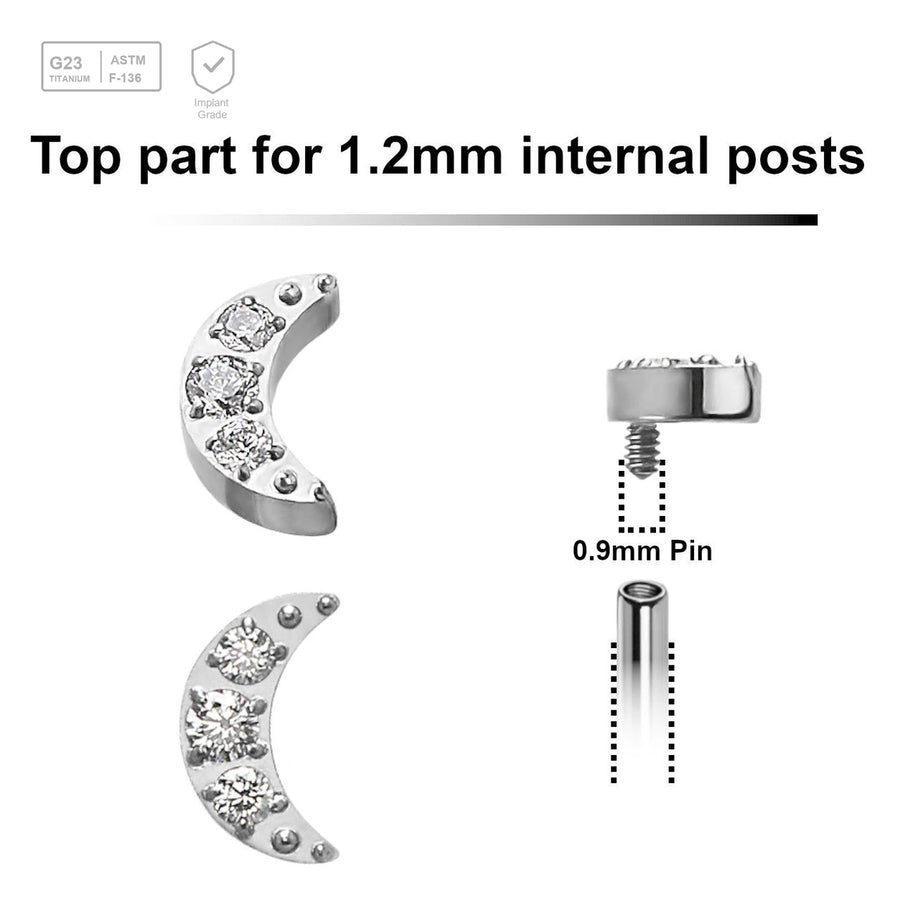 Pack of 5 Titanium Internally threaded labret tops with a small moon with 3 CZ, Thread size 0.9mm - G23 ASTM F-136 implant grade titanium body jewelry