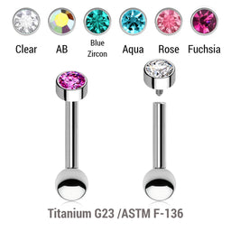 Pack of 5 high polished titanium internally threaded tragus barbells, Thickness 1.2mm, with a 3mm bezel set crystal round disk top and lower 3mm plain ball