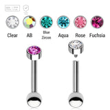 Pack of 5 high polished titanium internally threaded tragus barbells, Thickness 1.2mm, with a 3mm bezel set crystal round disk top and lower 3mm plain ball - G23 ASTM F-136 implant grade titanium body jewelry