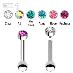 Pack of 5 high polished titanium internally threaded tragus barbells, Thickness 1.2mm, with a 3mm bezel set crystal round disk top and lower 3mm plain ball - G23 ASTM F-136 implant grade titanium body jewelry
