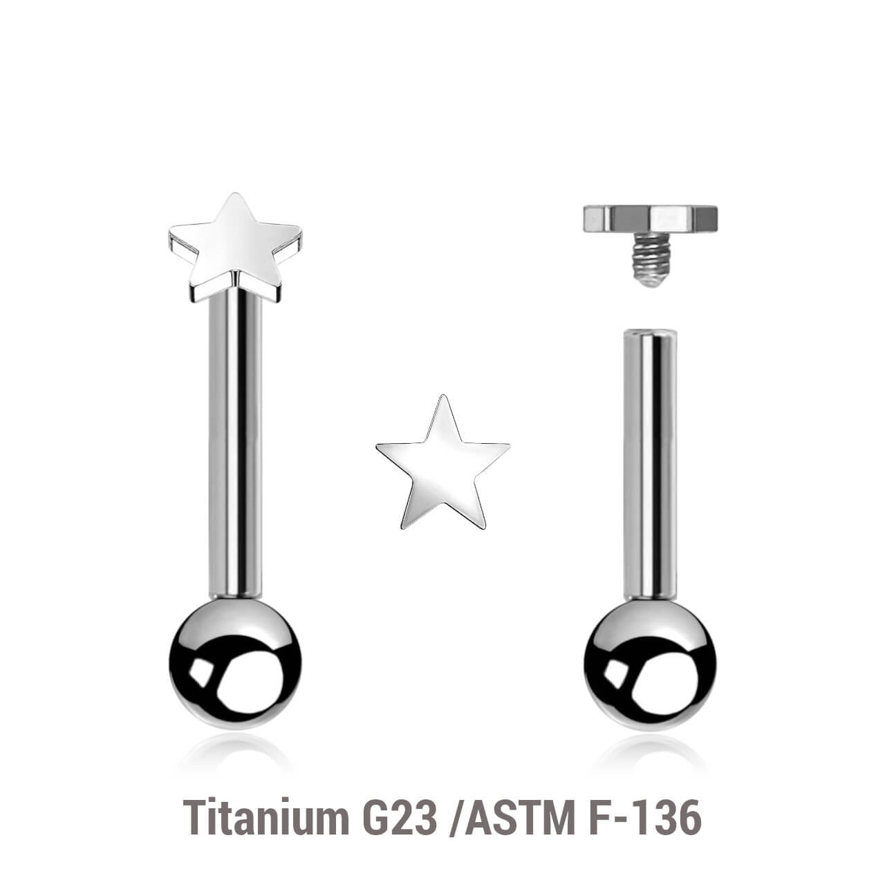 Pack of 5 high polished titanium internally threaded tragus barbells, Thickness 1.2mm, with 3mm flat star tops and a lower 3mm plain ball