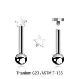Pack of 5 high polished titanium internally threaded tragus barbells, Thickness 1.2mm, with 3mm flat star tops and a lower 3mm plain ball