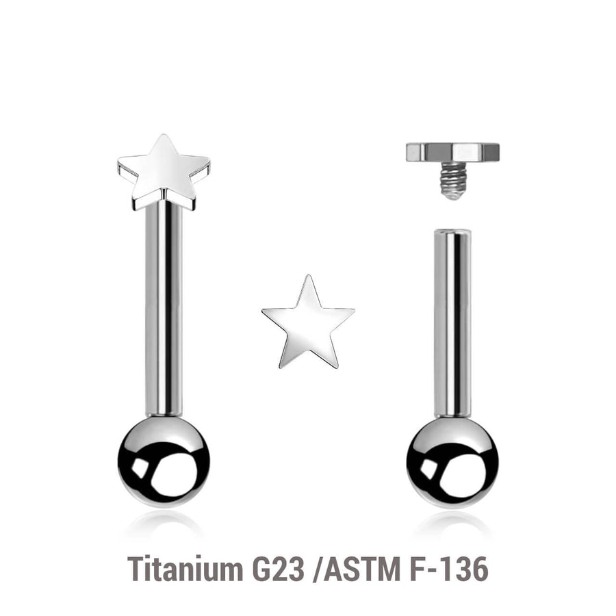 Pack of 5 high polished titanium internally threaded tragus barbells, Thickness 1.2mm, with 3mm flat star tops and a lower 3mm plain ball