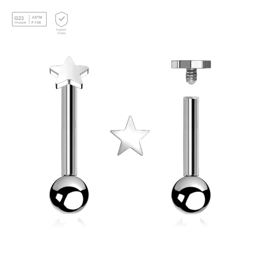 Pack of 5 high polished titanium internally threaded tragus barbells, Thickness 1.2mm, with 3mm flat star tops and a lower 3mm plain ball - G23 ASTM F-136 implant grade titanium body jewelry
