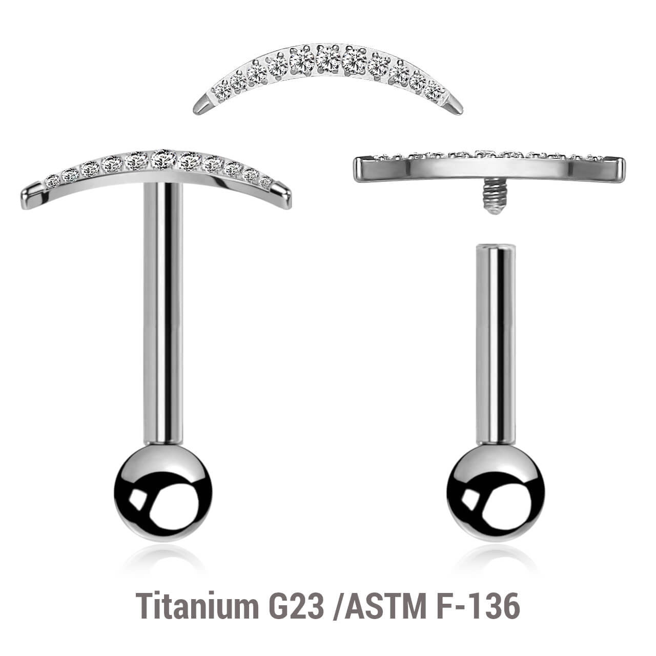 Pack of 5 high polished titanium internally threaded tragus barbells, Thickness 1.2mm, with a CZ studded crescent moon top and a lower 3mm plain ball