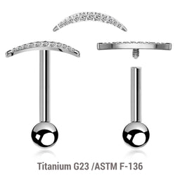 Pack of 5 high polished titanium internally threaded tragus barbells, Thickness 1.2mm, with a CZ studded crescent moon top and a lower 3mm plain ball