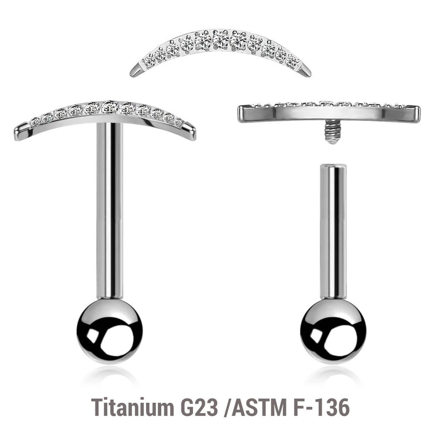 Pack of 5 high polished titanium internally threaded tragus barbells, Thickness 1.2mm, with a CZ studded crescent moon top and a lower 3mm plain ball