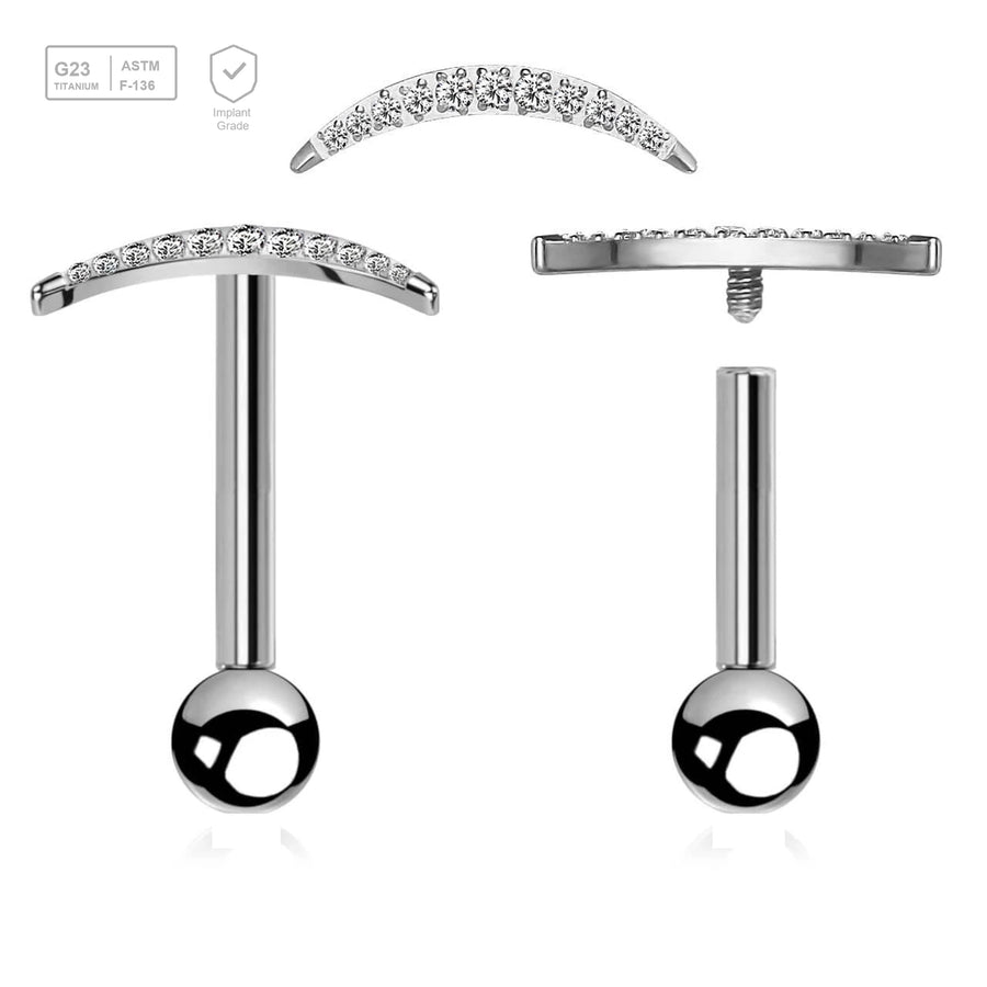 Pack of 5 high polished titanium internally threaded tragus barbells, Thickness 1.2mm, with a CZ studded crescent moon top and a lower 3mm plain ball - G23 ASTM F-136 implant grade titanium body jewelry