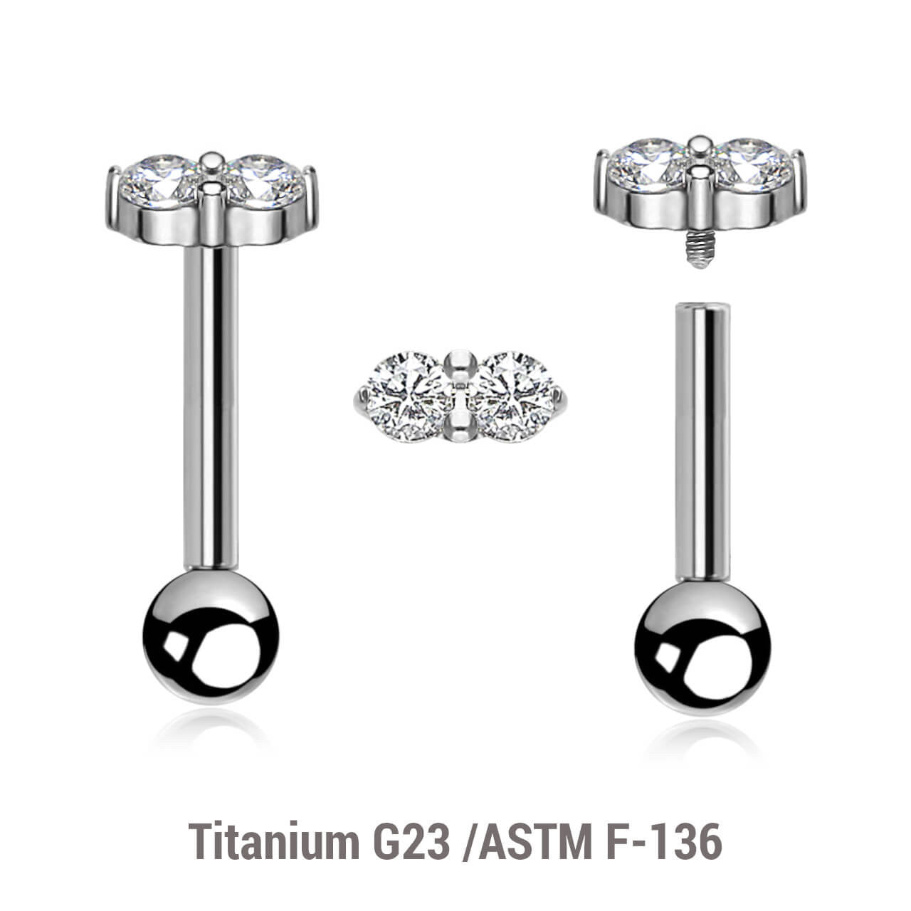 Pack of 5 high polished titanium internally threaded tragus barbells, Thickness 1.2mm, with twin 2mm prong set CZ stones and a lower 3mm plain ball