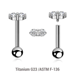 Pack of 5 high polished titanium internally threaded tragus barbells, Thickness 1.2mm, with twin 2mm prong set CZ stones and a lower 3mm plain ball