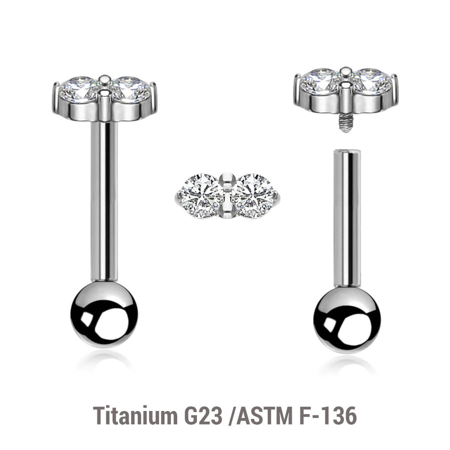 Pack of 5 high polished titanium internally threaded tragus barbells, Thickness 1.2mm, with twin 2mm prong set CZ stones and a lower 3mm plain ball