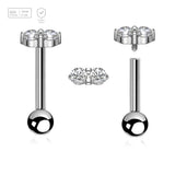 Pack of 5 high polished titanium internally threaded tragus barbells, Thickness 1.2mm, with twin 2mm prong set CZ stones and a lower 3mm plain ball - G23 ASTM F-136 implant grade titanium body jewelry