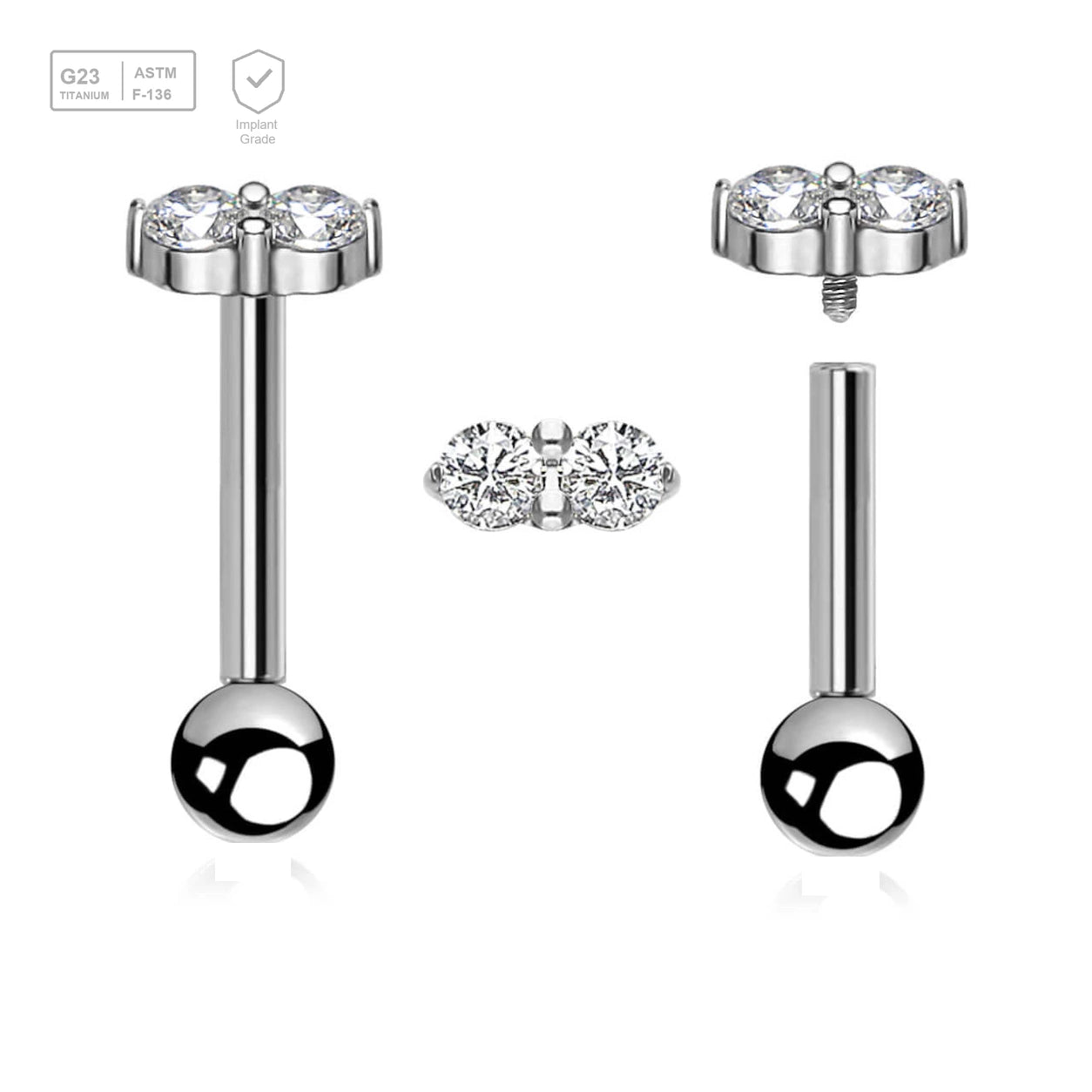 Pack of 5 high polished titanium internally threaded tragus barbells, Thickness 1.2mm, with twin 2mm prong set CZ stones and a lower 3mm plain ball - G23 ASTM F-136 implant grade titanium body jewelry