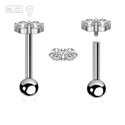 Pack of 5 high polished titanium internally threaded tragus barbells, Thickness 1.2mm, with twin 2mm prong set CZ stones and a lower 3mm plain ball - G23 ASTM F-136 implant grade titanium body jewelry