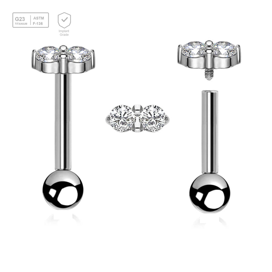 Pack of 5 high polished titanium internally threaded tragus barbells, Thickness 1.2mm, with twin 2mm prong set CZ stones and a lower 3mm plain ball - G23 ASTM F-136 implant grade titanium body jewelry