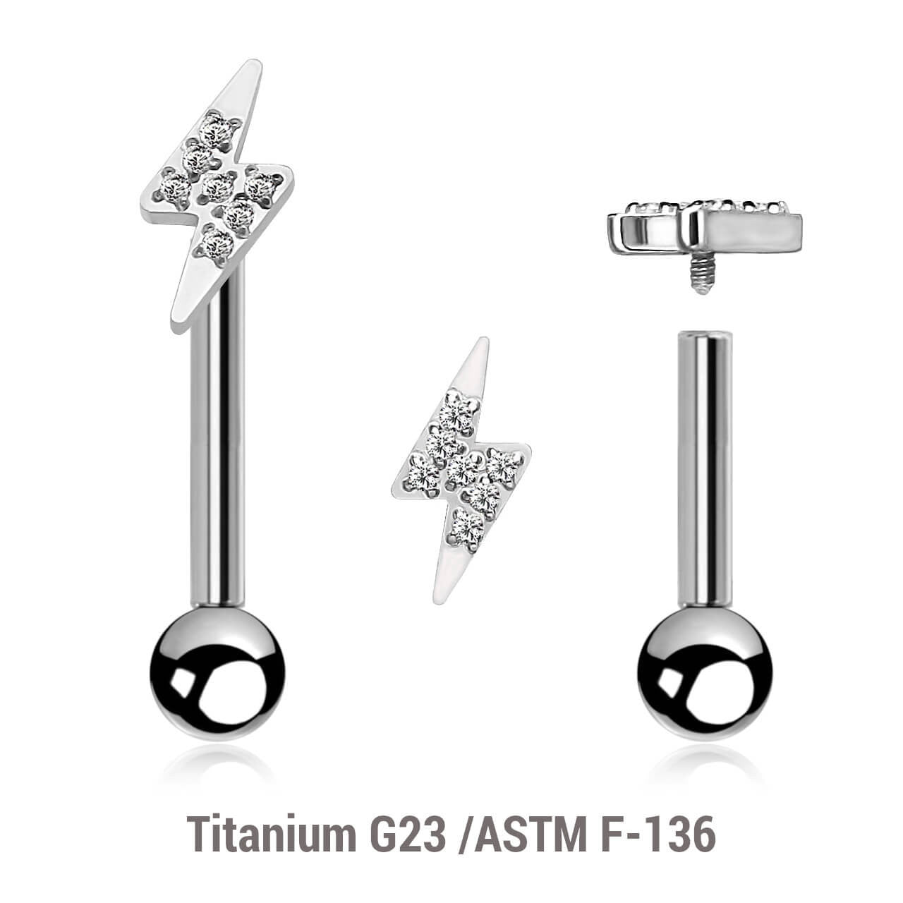 Pack of 5 high polished titanium internally threaded tragus barbells, Thickness 1.2mm, with a lightning bolt top and a lower 3mm plain ball