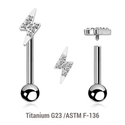 Pack of 5 high polished titanium internally threaded tragus barbells, Thickness 1.2mm, with a lightning bolt top and a lower 3mm plain ball