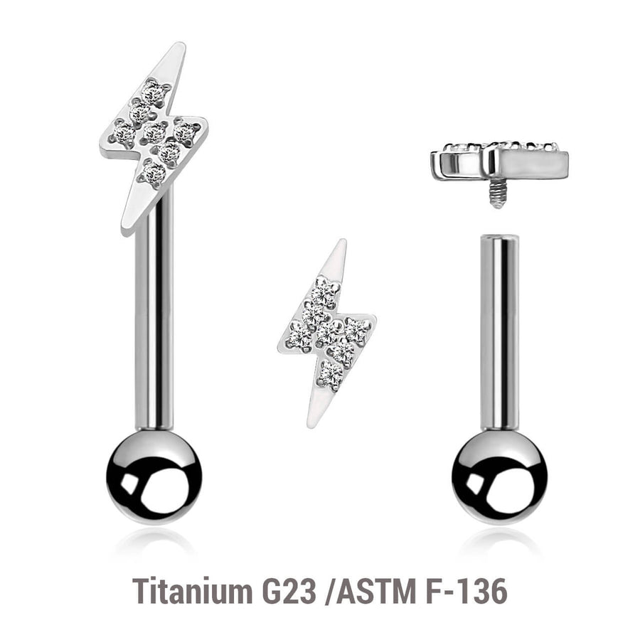 Pack of 5 high polished titanium internally threaded tragus barbells, Thickness 1.2mm, with a lightning bolt top and a lower 3mm plain ball