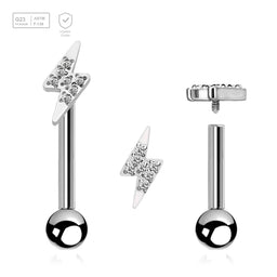 Pack of 5 high polished titanium internally threaded tragus barbells, Thickness 1.2mm, with a lightning bolt top and a lower 3mm plain ball - G23 ASTM F-136 implant grade titanium body jewelry