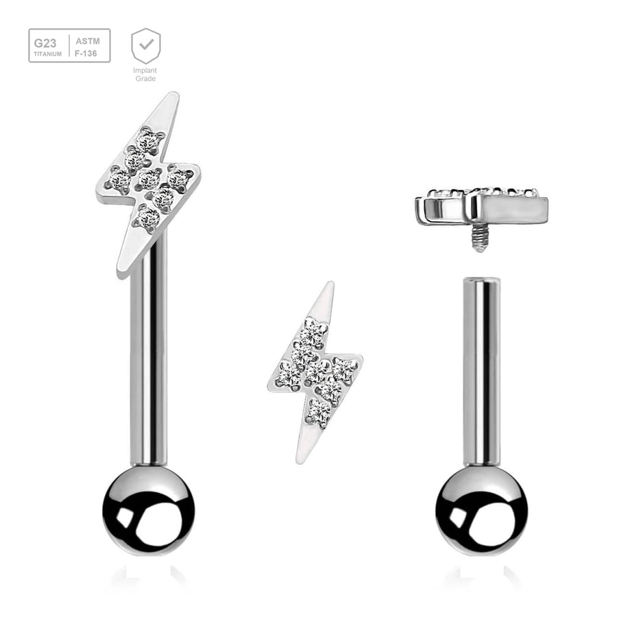 Pack of 5 high polished titanium internally threaded tragus barbells, Thickness 1.2mm, with a lightning bolt top and a lower 3mm plain ball - G23 ASTM F-136 implant grade titanium body jewelry