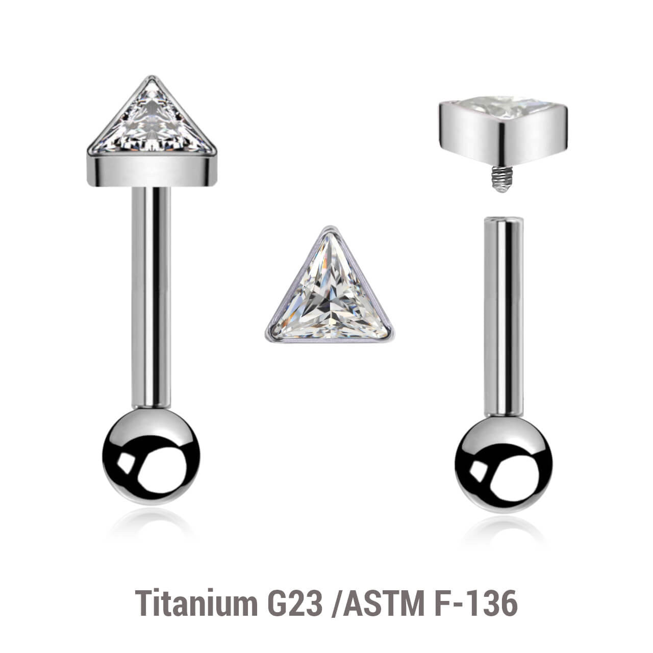 Pack of 5 high polished titanium internally threaded tragus barbells, Thickness 1.2mm, with a triangle top with bezel set CZ and a lower 3mm plain ball