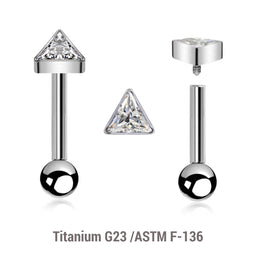 Pack of 5 high polished titanium internally threaded tragus barbells, Thickness 1.2mm, with a triangle top with bezel set CZ and a lower 3mm plain ball