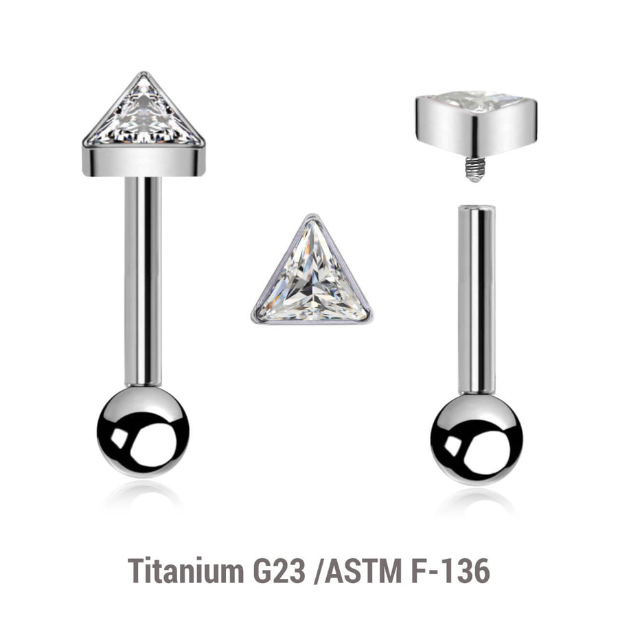 Pack of 5 high polished titanium internally threaded tragus barbells, Thickness 1.2mm, with a triangle top with bezel set CZ and a lower 3mm plain ball