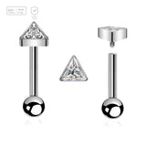 Pack of 5 high polished titanium internally threaded tragus barbells, Thickness 1.2mm, with a triangle top with bezel set CZ and a lower 3mm plain ball - G23 ASTM F-136 implant grade titanium body jewelry