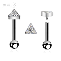 Pack of 5 high polished titanium internally threaded tragus barbells, Thickness 1.2mm, with a triangle top with bezel set CZ and a lower 3mm plain ball - G23 ASTM F-136 implant grade titanium body jewelry