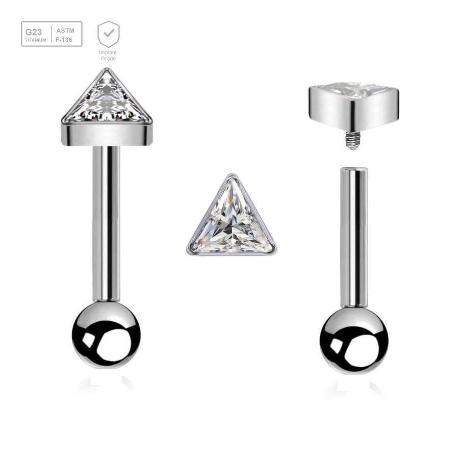 Pack of 5 high polished titanium internally threaded tragus barbells, Thickness 1.2mm, with a triangle top with bezel set CZ and a lower 3mm plain ball - G23 ASTM F-136 implant grade titanium body jewelry