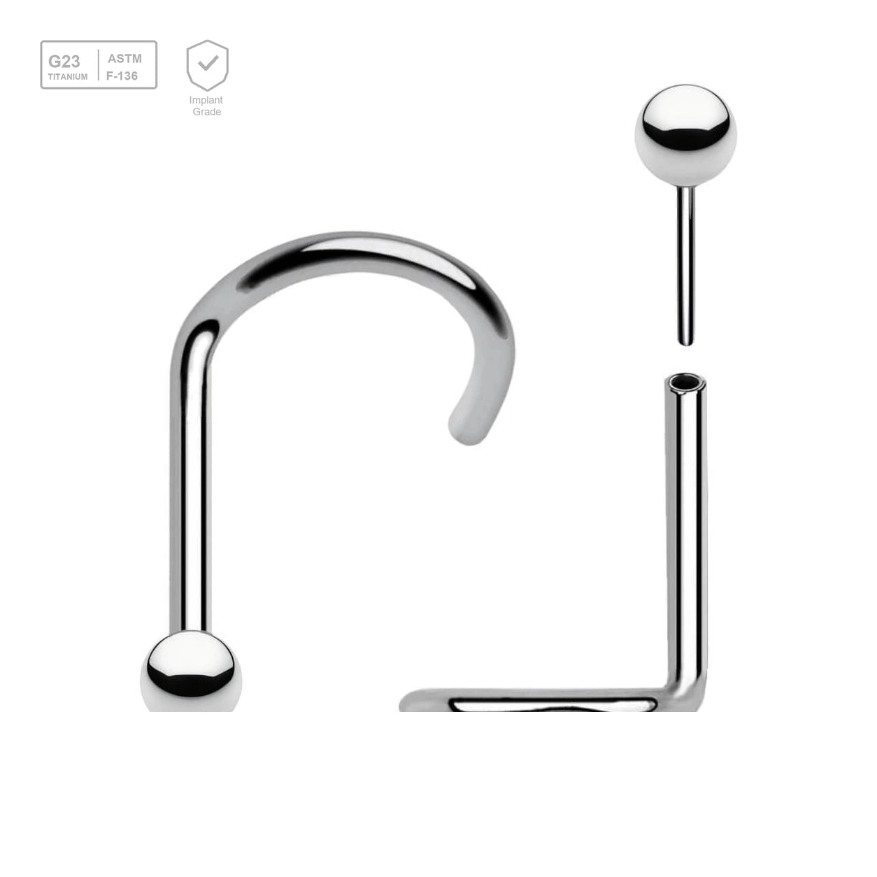Pack of 5 high polished titanium threadless nose screws in 0.8mm thickness with ball tops - G23 ASTM F-136 implant grade titanium body jewelry
