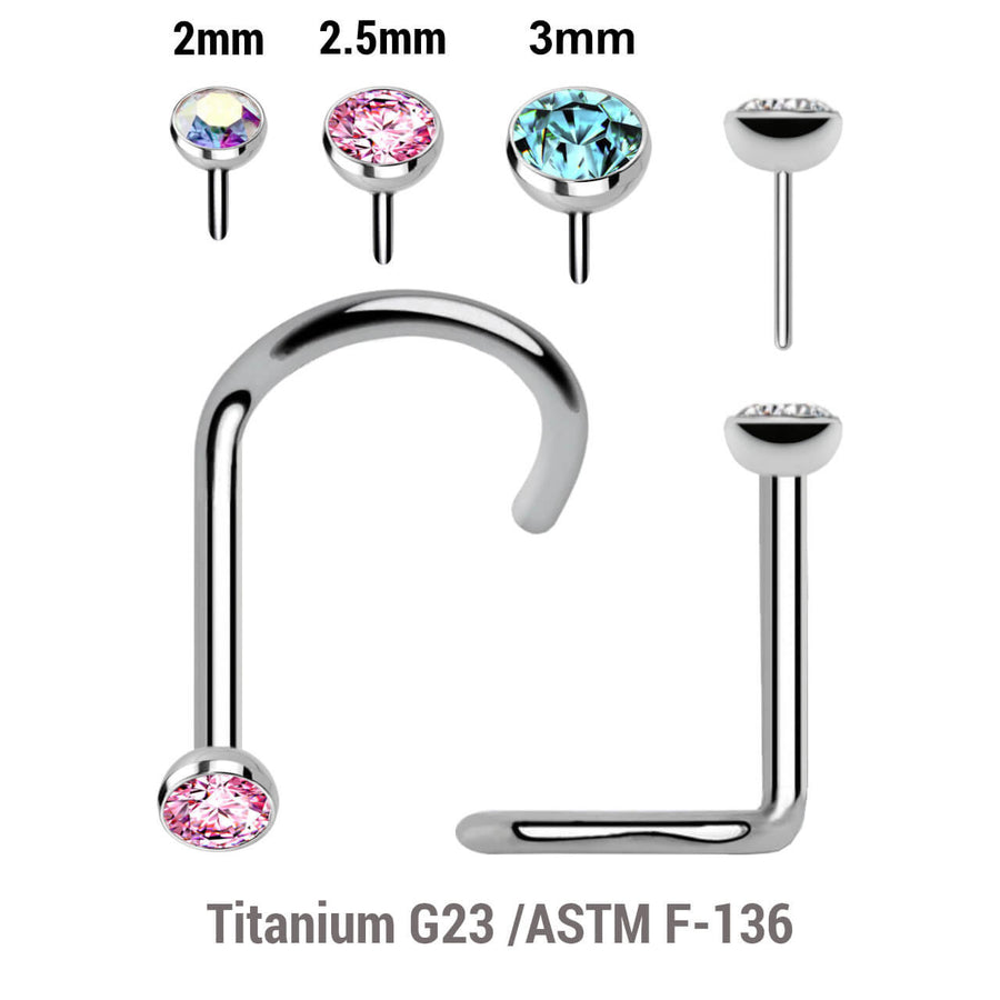 Pack of 5 high polished titanium threadless nose screws in 0.8mm thickness with flat jewel ball tops