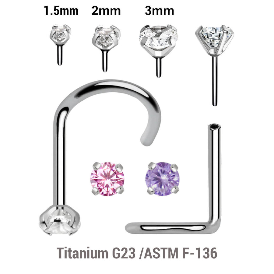 Pack of 5 high polished titanium threadless nose screws in 0.8mm thickness with prong set CZ tops