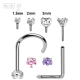 Pack of 5 high polished titanium threadless nose screws in 0.8mm thickness with prong set CZ tops