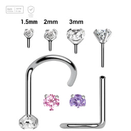 Pack of 5 high polished titanium threadless nose screws in 0.8mm thickness with prong set CZ tops - G23 ASTM F-136 implant grade titanium body jewelry