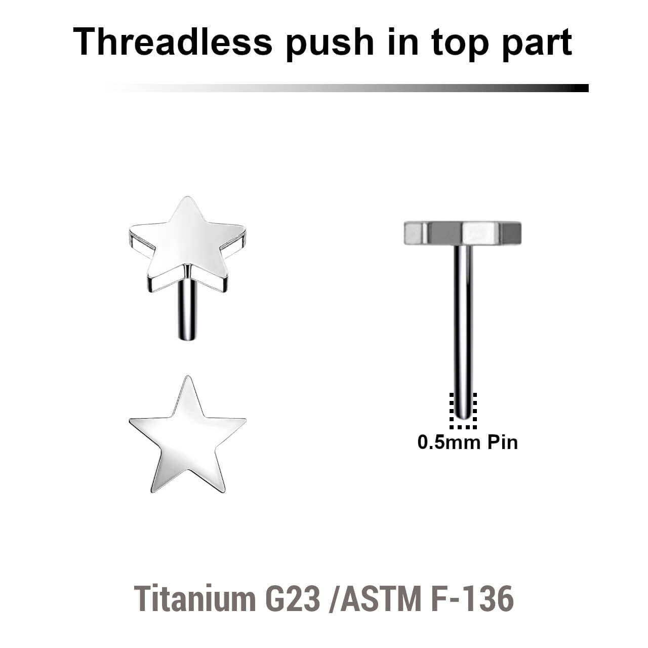 Pack of 5 Titanium G23 threadless push in labret top with 3mm flat star tops